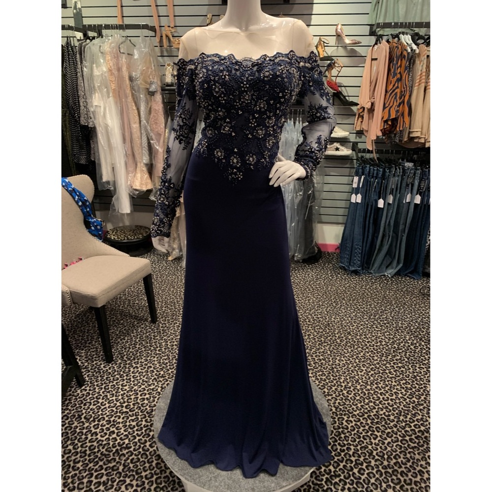 Navy beaded long sleeve gown